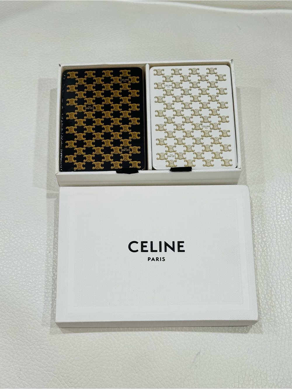 CELINE Black & White Patterned Playing Cards in Box - Gold Accents